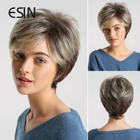 esin shoulder synthetic inclined bangs women fluffy natural wig light brown short straight hair bob glueless party wig