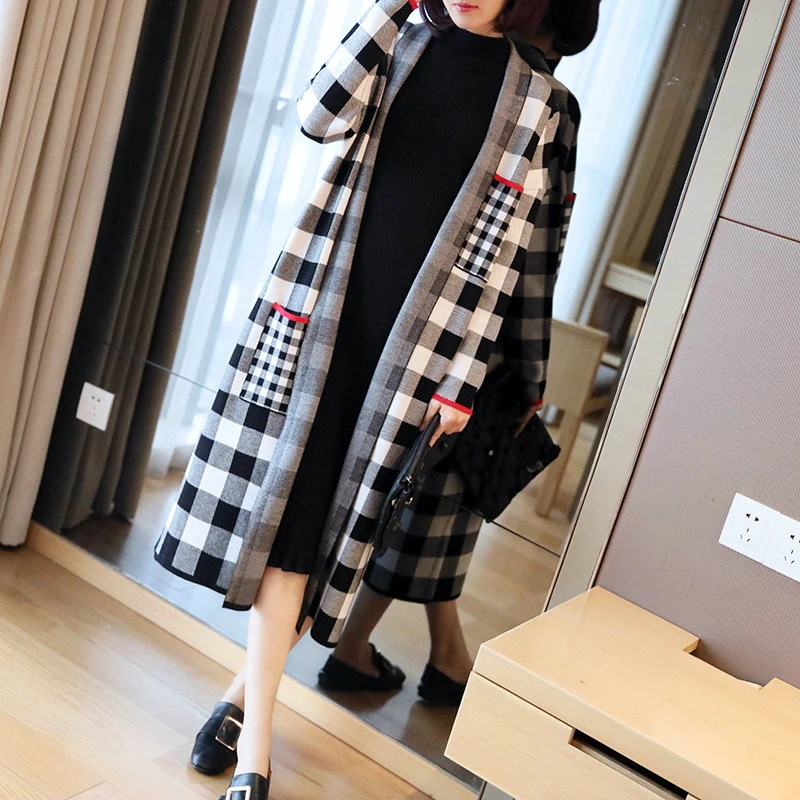 

Autumn Winter Soft Knitted Sweater Coat Open Stitch Print Plaid Classic Brand Cardigan Coat Women Long Black Fall Coat Pocket