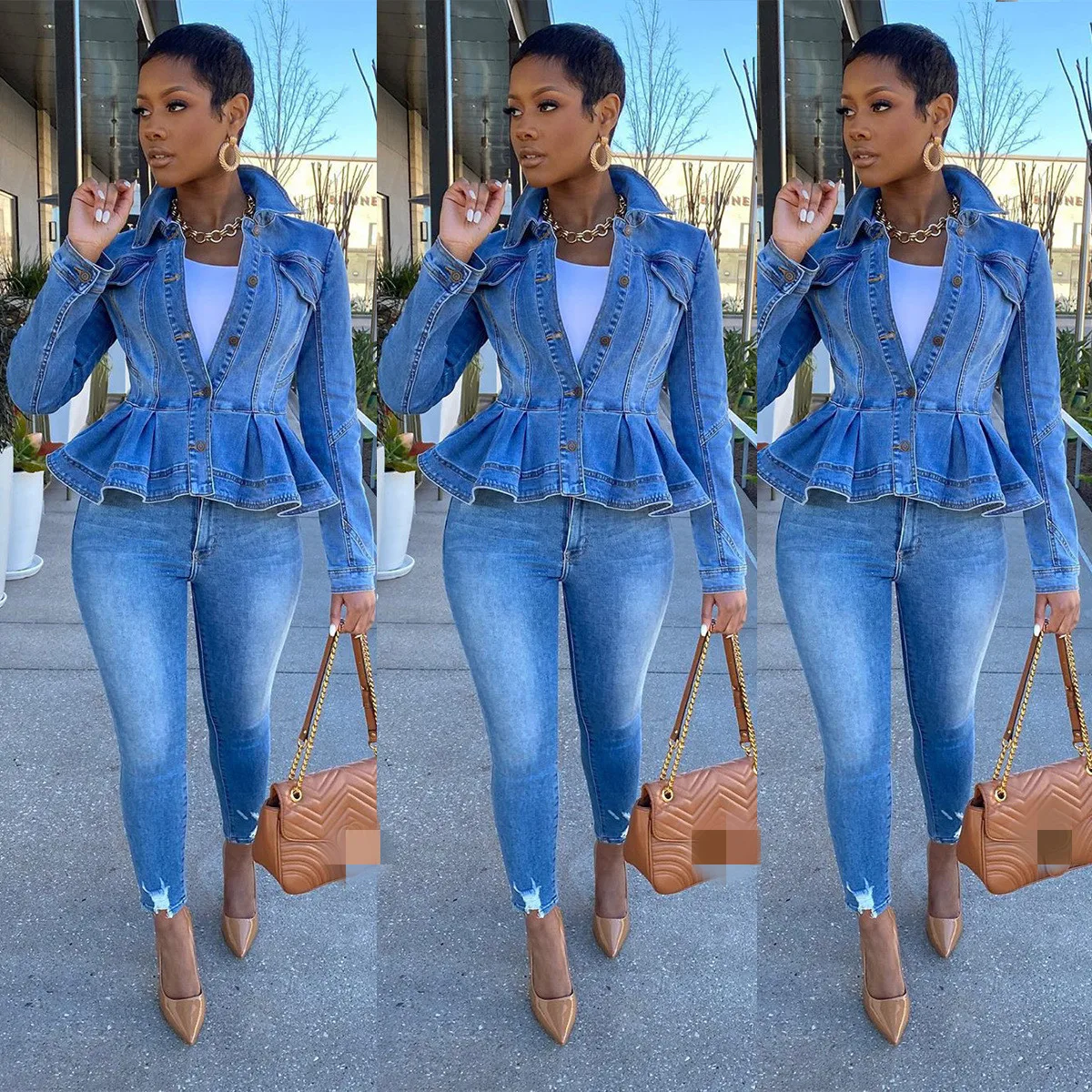 

Autumn Women Elegant Sexy Ruffle Denim Jacket 2021 Fashion Casual Jean Jacket Long Sleeve Winter Solid Color Coat Streetwear
