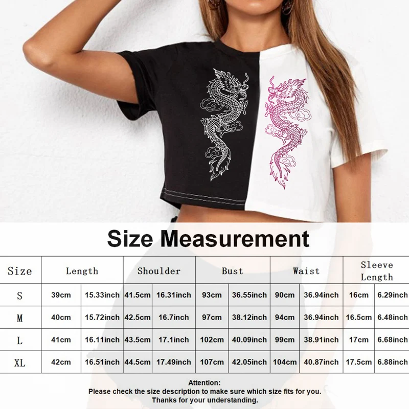 

Plus Size Tshirts Women Contrast Color Double Dragon Print Streetwear T-shirts Ladies Short Sleeve O-Neck Harajuku Shirts