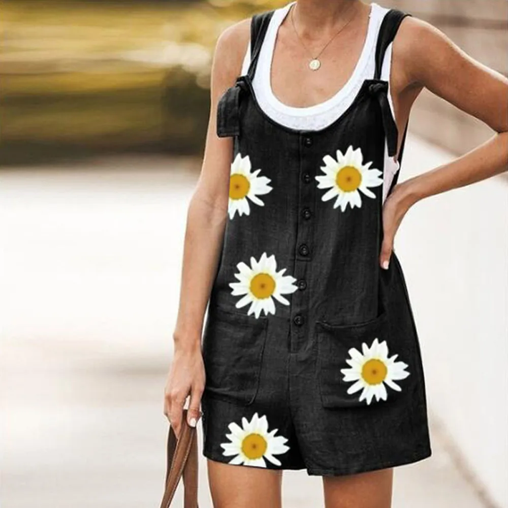 

Jumpsuit New Summer Women Daisy print Bodysuit Elegant Overalls Romper Casual Vintage Ladies Short Pant Cotton linen Wide Leg