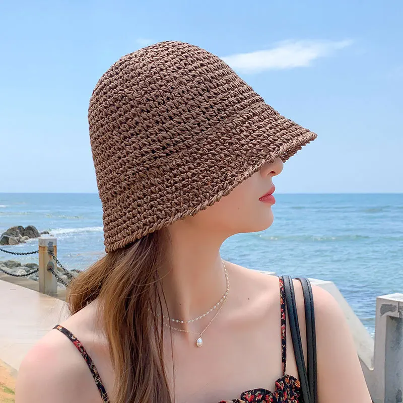

Summer Beach 7 Colors Bucket Hats Women Dome Breathable Knitted Straw Hat Foldable Travel Girls Sun Protectors Caps 56-58cm 2021