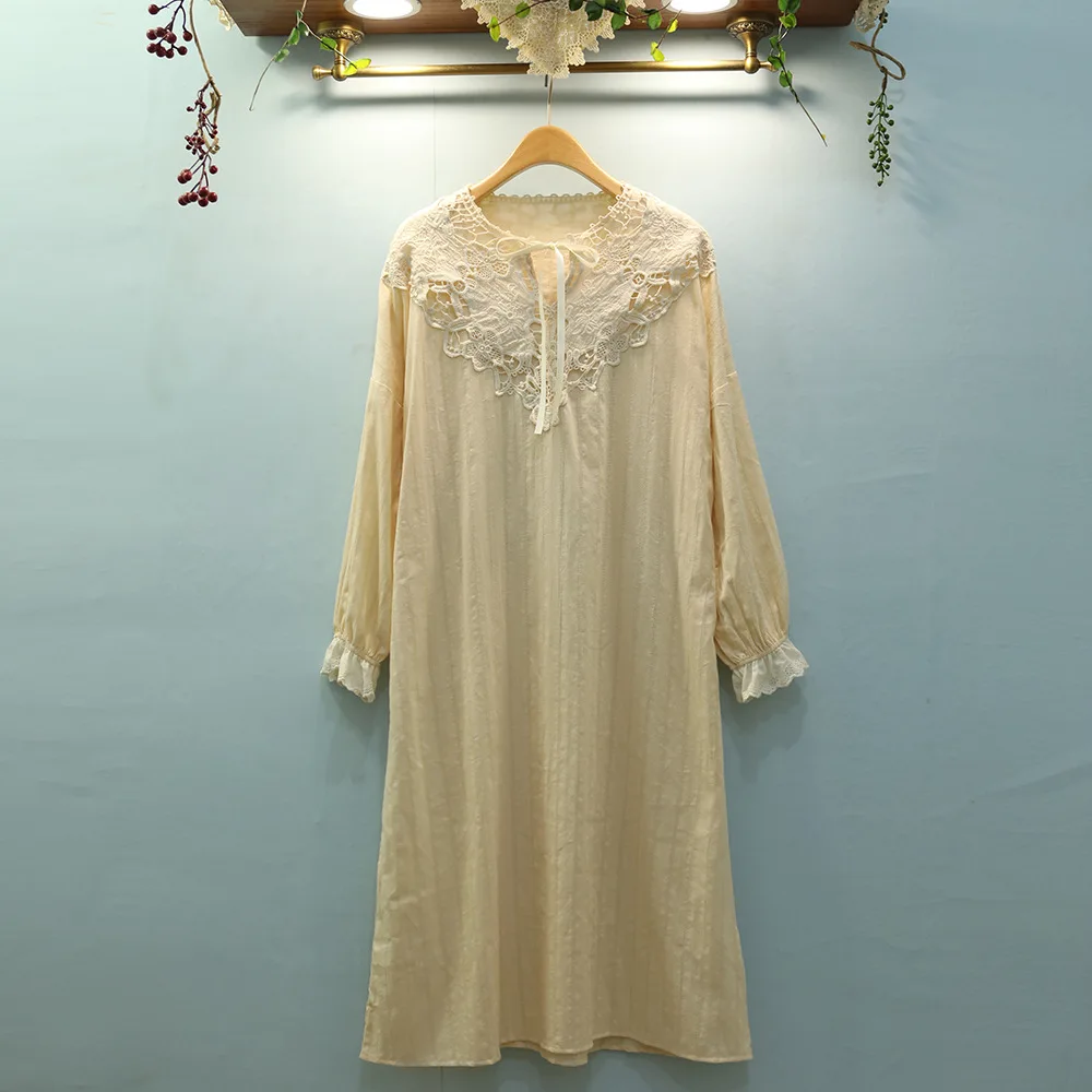 

Soft Comfortable Home Essential Sleepwear Women Autumn 100% Cotton Embroidery White Princess Palace Nightdress Pijama Mujer