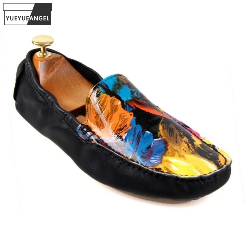 Summer Mens Graffiti Printed Slip On Loafers Cowhide Real Leather Moccasin Gommino Driving Shoe Casual Breathable Party Shoes