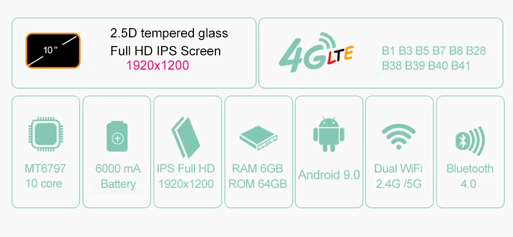 Android 9,0 планшетный ПК 10 дюймов ram 6GB rom 128GB 10 core 1920*1200 ips 2.5D закаленный экран 4G Телефонный звонок 5G планшеты с модулем Wi-Fi 10,1”