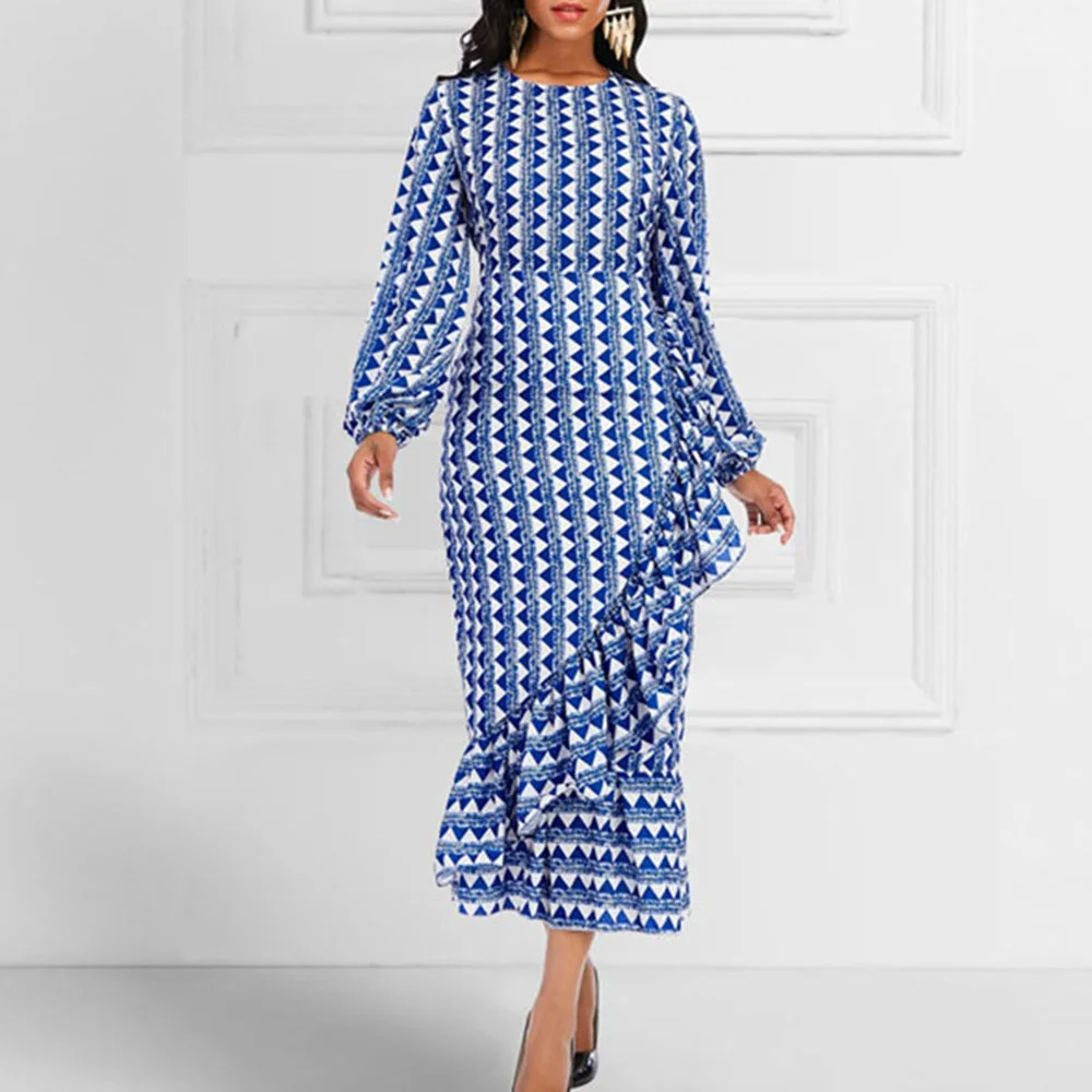 

Office Lady Temperament Ladies Dress Fashion Oversize African Casual Elegant Simple Printing Irregular Ruffle Lantern Sleeve
