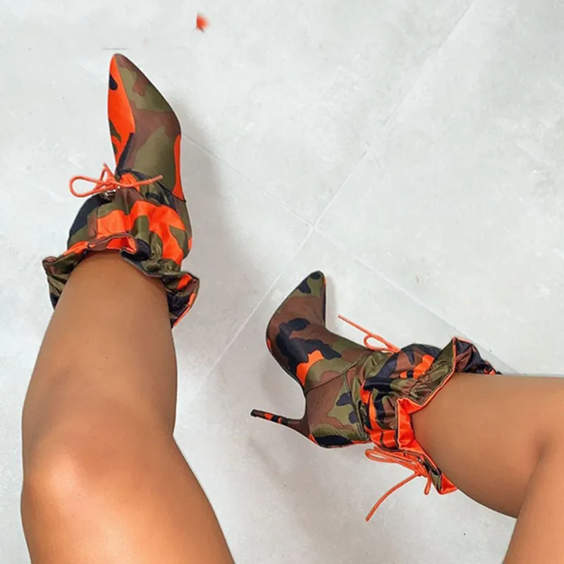 

High Thin Heels Boots For Women 11cm Stilettos Fashion Camouflage Ankle Calf Boots Woman Lace Up Sexy Chic Night Club Shoes