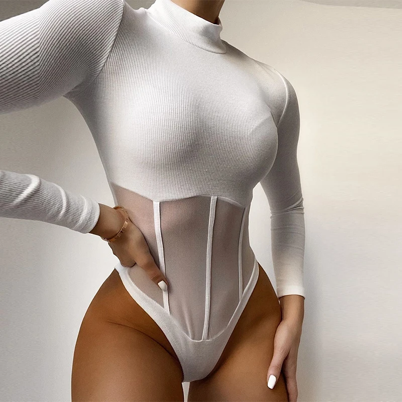 

Sexy Transparent Mesh Panelled Skinny Turn-down Collar Bodysuits Women 2020 Summer Long Sleeve Open Crotch Bodysuit
