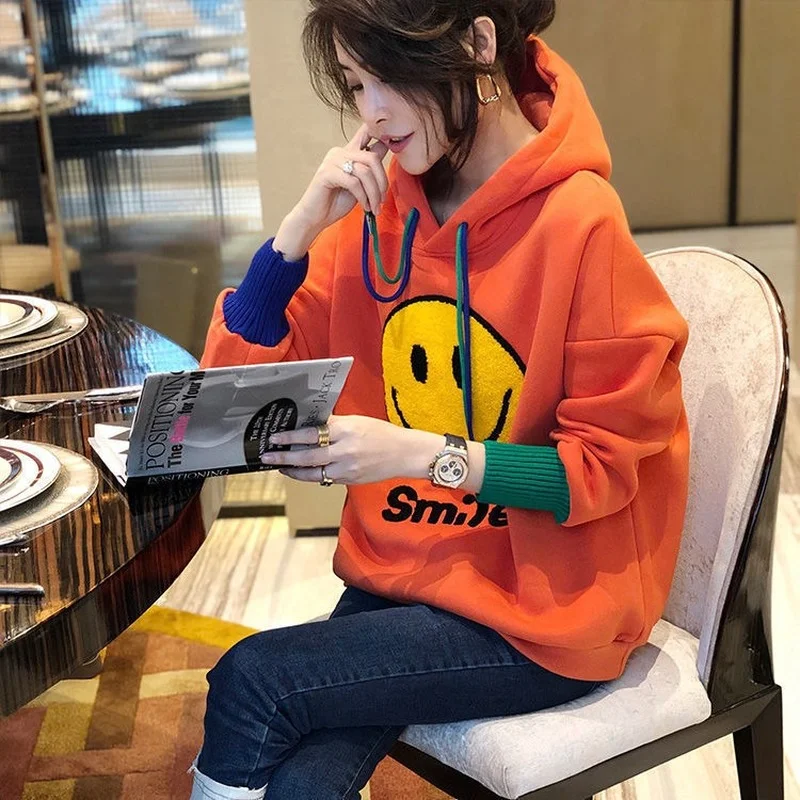 

Y2K fashion smiley face women's hoodie Korean version loose print embroidery contrast color hooded stitching sleeve jacket 2021