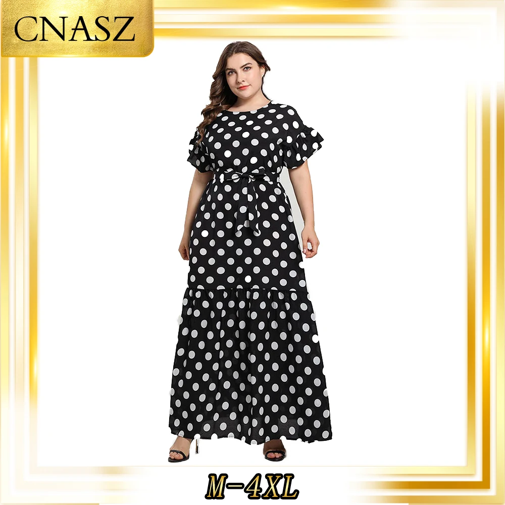 Muslim Dress Islamic Clothing Large Size Abaya For Women Ruffled Short-Sleeved Fashion Black Dot With Musulman | Тематическая
