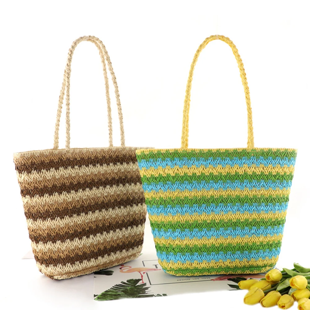 

Women Fashion Woven Stripe Shoulder Shopping Bag Ladies Retro Casual Large Capacity Tote Handbags