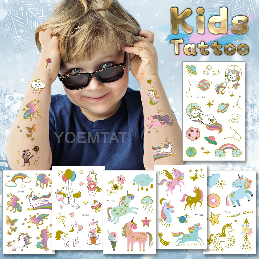 

Kids Tatto Cute Cartoon Flying Horse Rainbow Unicorn Spaceship Waterproof Temporary Tattoo Sticker Child Girls Boys Arm Face Art