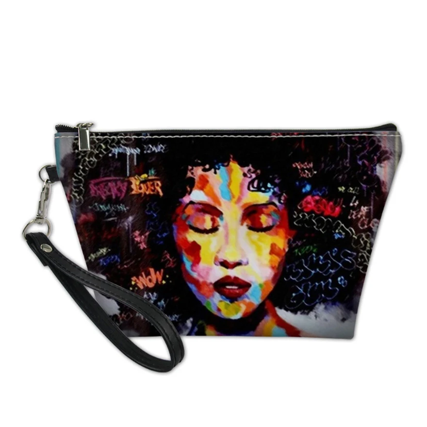 

Cusotm Print Large Capacity Cosmetic Cases Women Black Art African Girls Printed Make Up Bags for Female PU Leather Wash Kit Bag