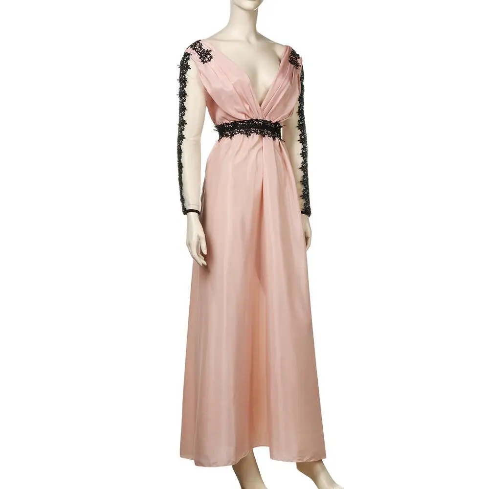 Женское кружевное платье с длинным рукавом розовое длинное глубоким вырезом 2018 |