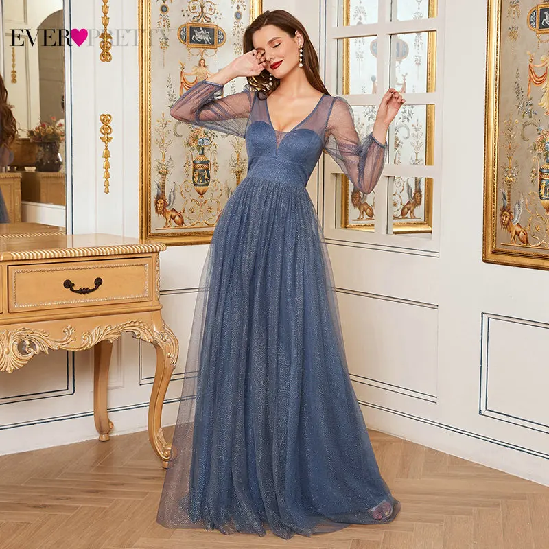 

Long Sleeve Evening Dresses Ever Pretty New Fashion A Line V Neck Sparkly Tulle Puffy Wedding Guest Dress For Women EE00292DN
