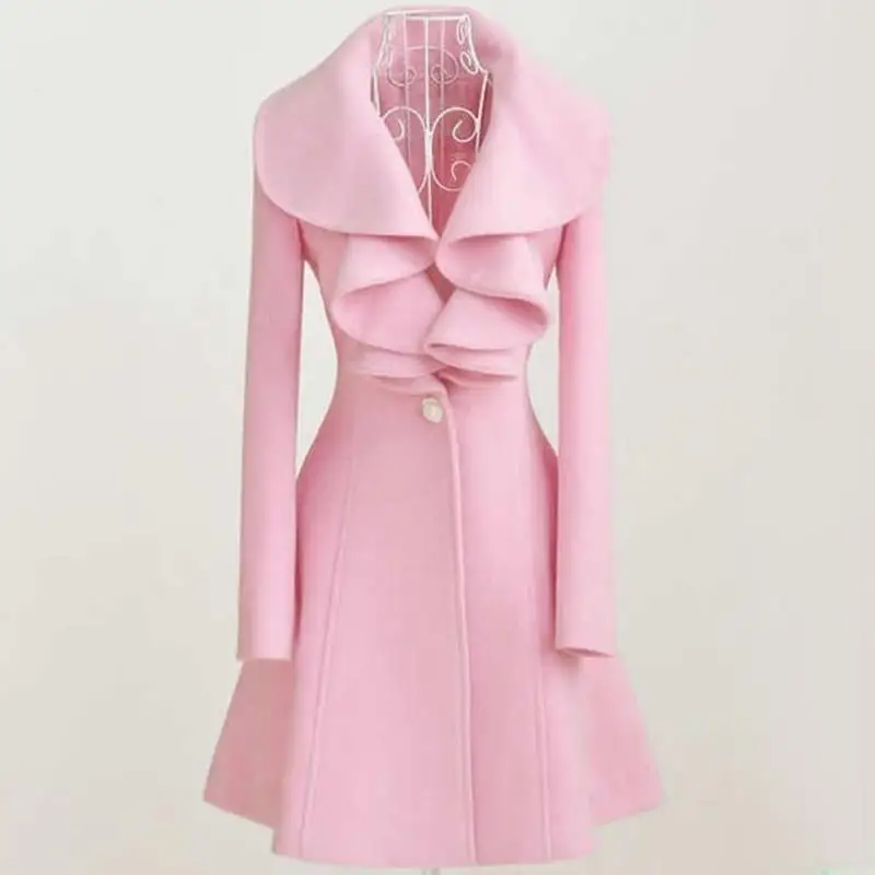 Зимнее шерстяное пальто с оборками на воротнике 2018 женское облегающее тонкое