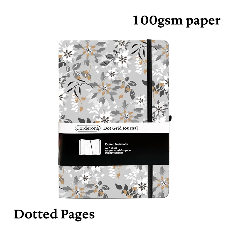 

A5 Grey Flowers Dotted Grid Bullet Notebook Travel Journal Hardcover Elastic Band Planner Diary