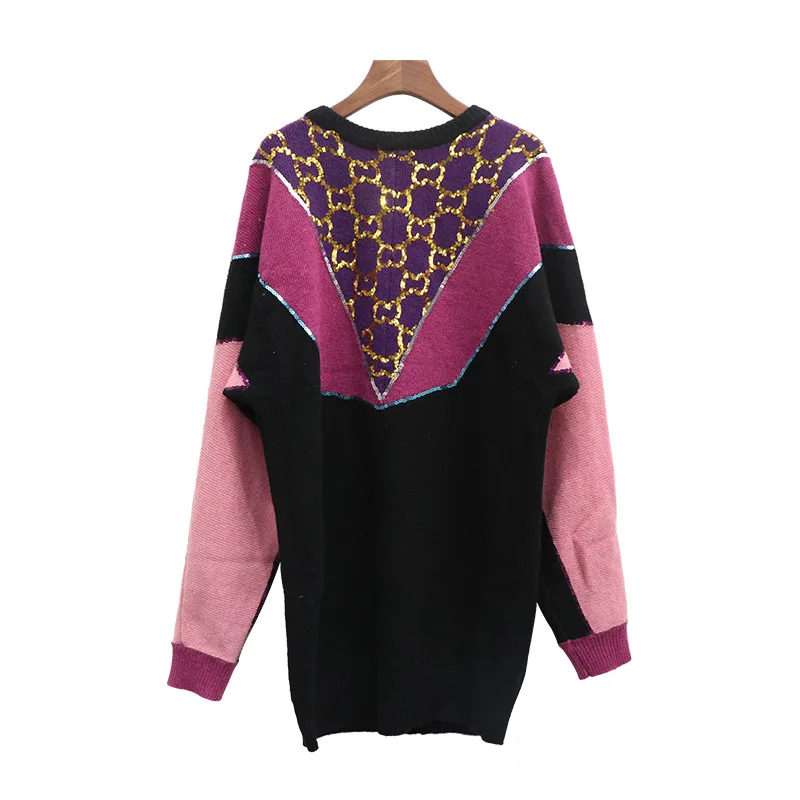 2020 Autumn Women New Black Powder Color Gold Printed Pattern Round Neck Sweater Fresh And Sweet Casual Long Knit | Женская одежда