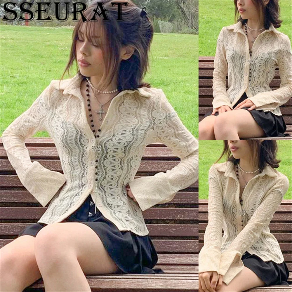 

Женский Кружевной укороченный топ SSEURAT, Просвечивающая футболка на пуговицах с длинным рукавом и отложным воротником, Элегантная футболка ...