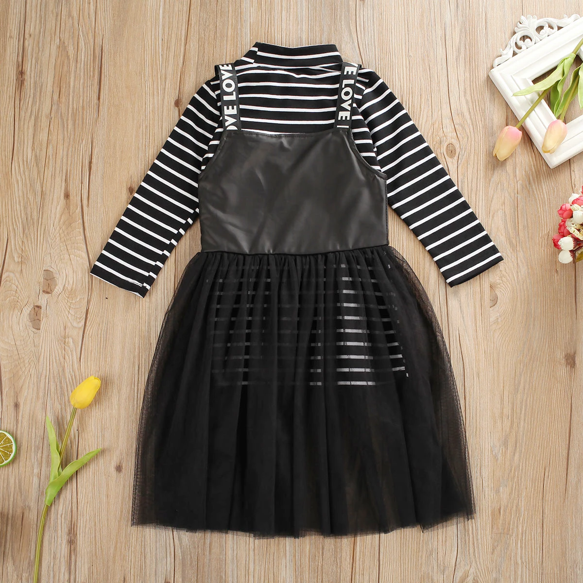 

2-7Y Toddler Infant Baby Girl Dress Clothes Long Sleeve Striped Tops+Strap Lace Tulle Dress Outfits Two Piece Clothing Set