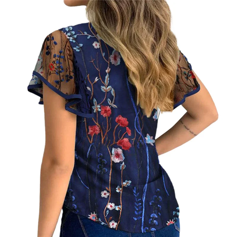 

Summer Women Ruffle Short Sleeve Embroidery Floral Print Pullover Shirts Dot Polk Blouse Hollow Out Mesh Casual Chiffon Tee Top