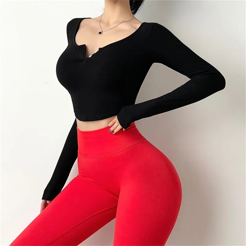 

Long Sleeve Gym Crop Top Yoga Shirts Women Fitness Sports Top Running Active Wear Workout T-Shirts Woman