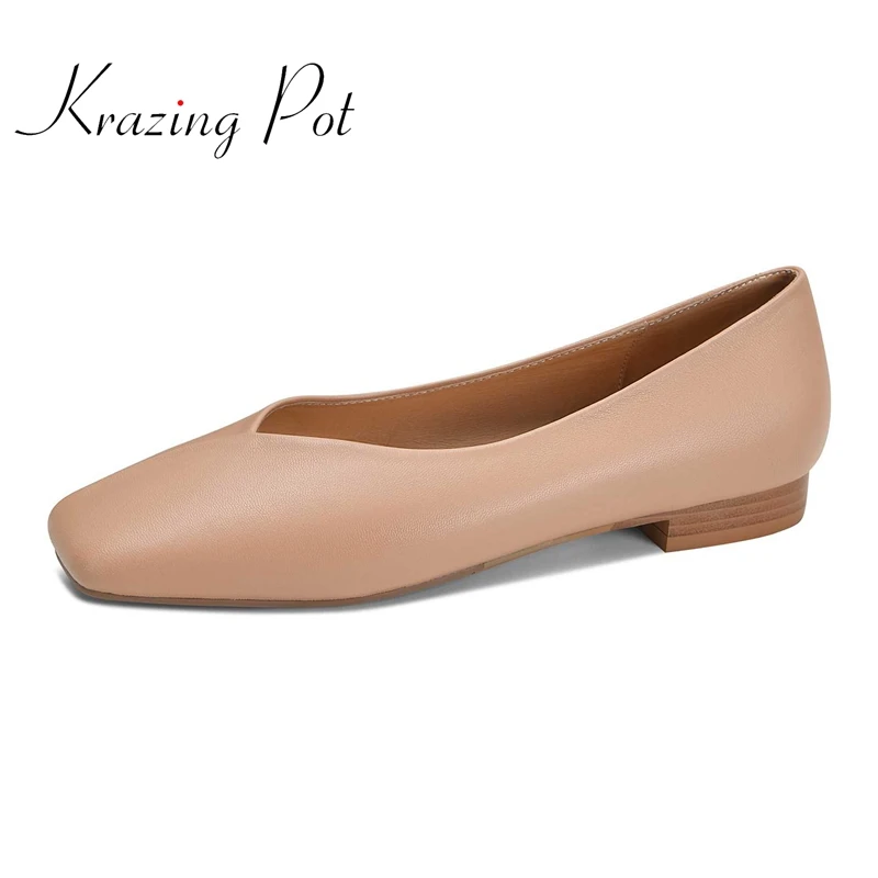 

Krazing Pot sheep leather square toe low heel concise fashion solid all-match young lady daily wear slip on cozy women pumps L73