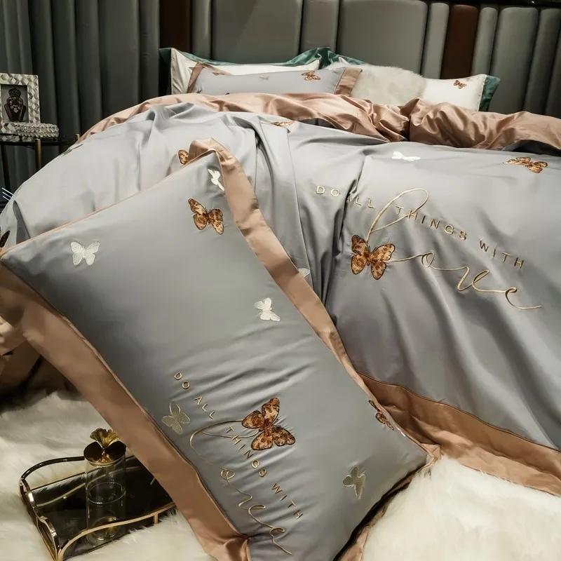 

Luxury Chic Embroidery Butterfly Duvet Cover Set 600TC Egyptian Cotton Soft 4Pcs Bedding Comforter Cover Bed Sheet Pillowcases