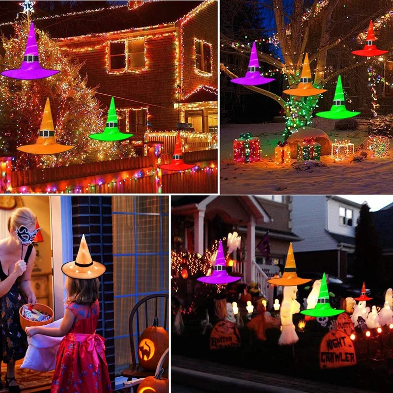 

8Pcs Halloween Decorations Led Lighted Witch Hats Hanging Glowing with Lights for Outdoor, Garden, Yard, Tree 1