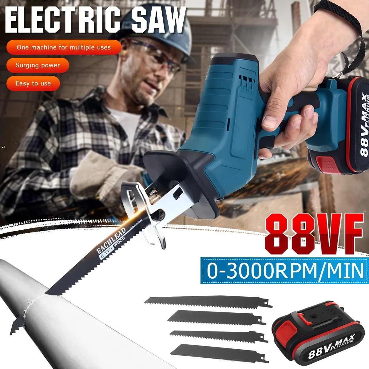 

88V Cordless Reciprocating Saw Portable Replacement Electric Saw Metal Wood Cutting Machine Tool for Makita 21V Battery
