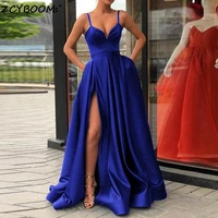 royal blue side split prom dress 2021 women formal party night vestidos de gala spaghetti straps satin simple long evening gowns