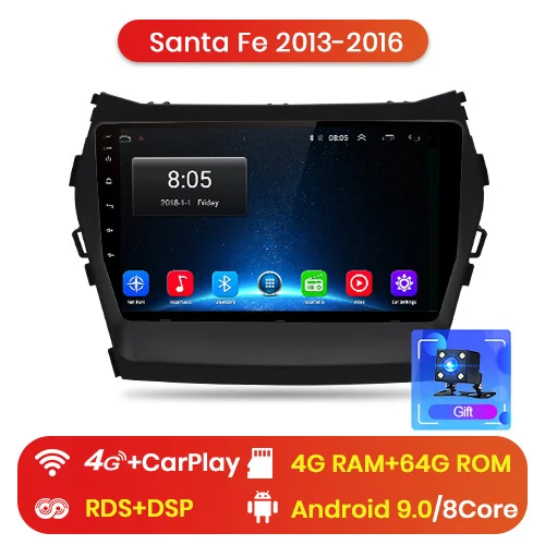 Junsun V1 2G+ 32G Android 9,0 для hyundai Santa Fe 3 2013- автомобильный Радио Мультимедиа Видео плеер навигация gps RDS 2 din dvd - Цвет: 4-64GB for 4G