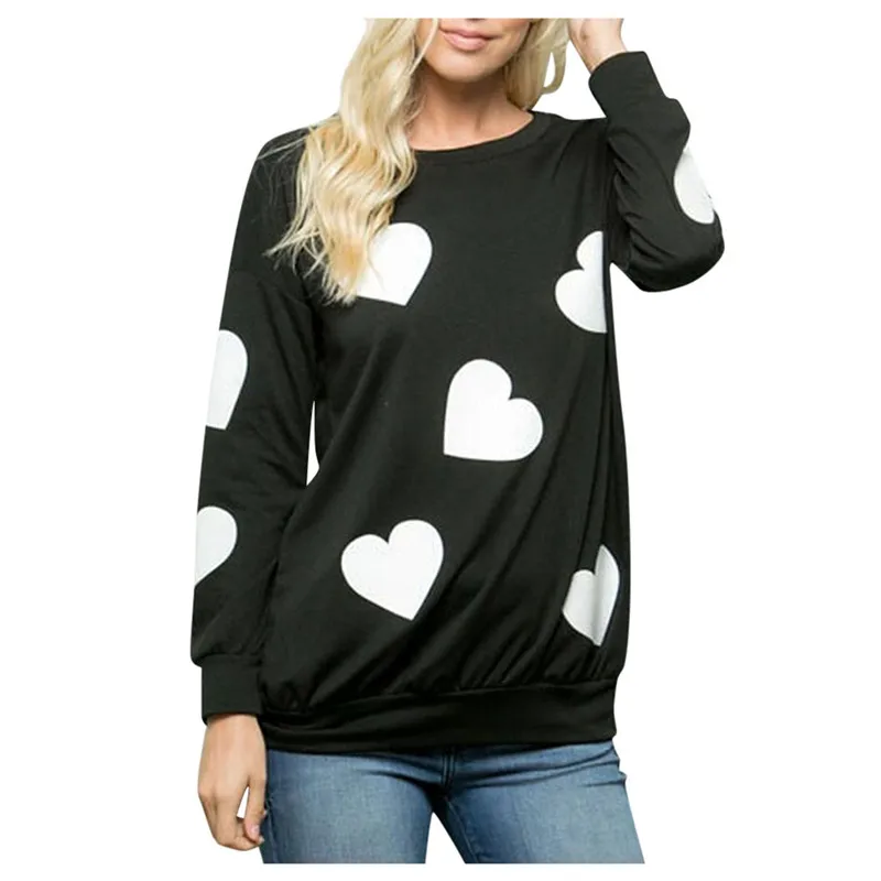 Толстовка Женская мода Длинный рукав сердце свитшот Футболка Блузка с принтом о