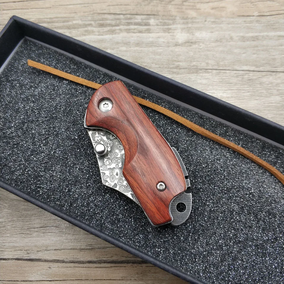 

Dropshipping mini camping knife Damascus steel blade pocket folding knife Wood Handle outdoor survival knife Utility knife