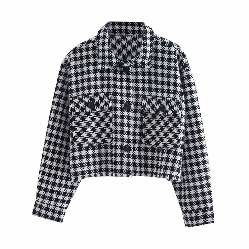 

TRAF Women 2020 Fashion Single Breasted Short Black Plaid Jacket Pocket Accessories Retro Long Sleeve Blouse Streetwear