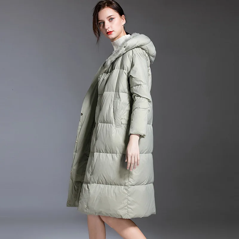reseda Over knee length down jacket female Euramerican style thick white duck down warm fashion down jacket hooded women 199007 - Цвет: reseda