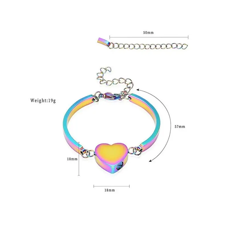 Rainbow Heart Urn Bangle For Ashes Keepsake Cremation Bracelet Adjustable Memorial Jewelry secret stash locket engrave free ship | Украшения