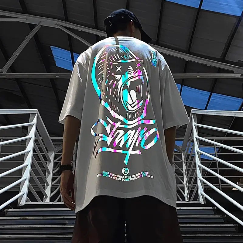 Крутая Светоотражающая футболка уличная одежда мужская летняя хлопковая
