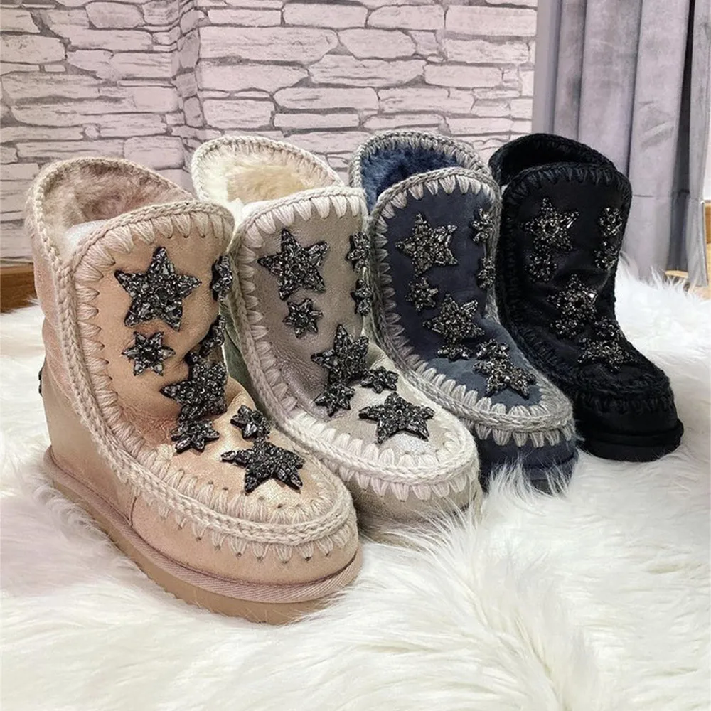 

2022 winter women snow boots inner wedge short crystal stars sheepskin handmade sewing waterproof ladies ankle short boot