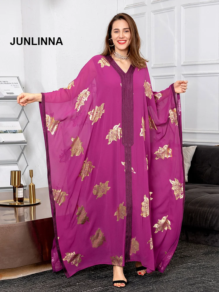 

JUNLINNA One Free Size Loose Dress V Neck Batwing Sleeve Golden Stamp Long Muslim Dresses Plus Robe Vestidos