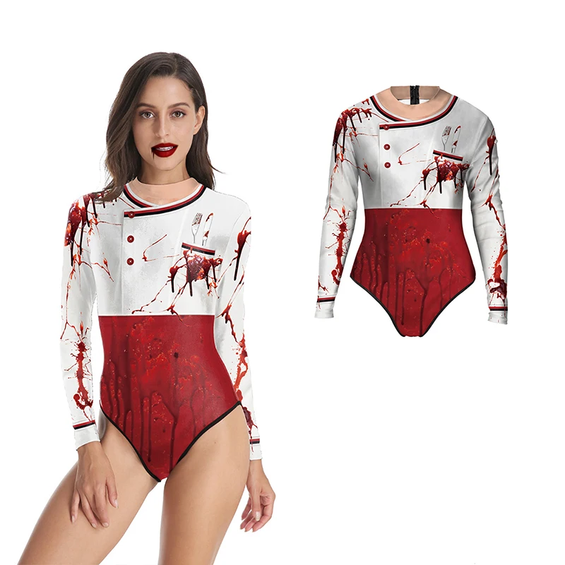 

2021 New Halloween Female Chef Uniform Printing Long-sleeved Swimsuit Surfing Suit Slim One-piece Swimsuit
