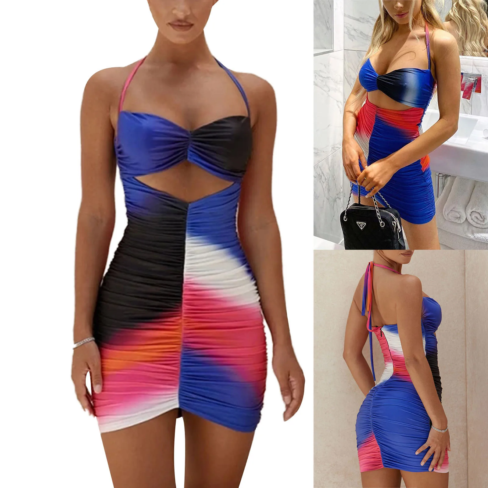 

Женское облегающее мини-платье составного кроя с открытыми плечами