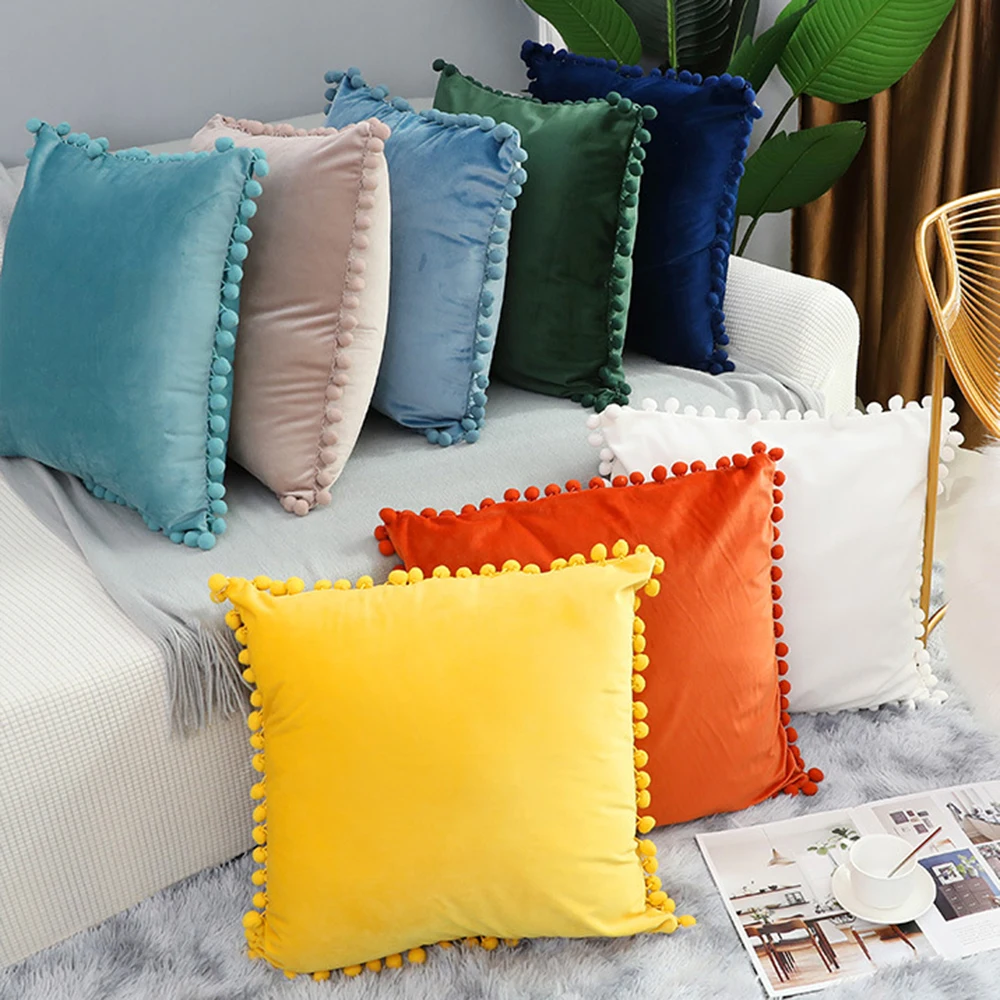 1 шт. домашние декоративные наволочки с помпонами мягкие бархатные однотонные -
