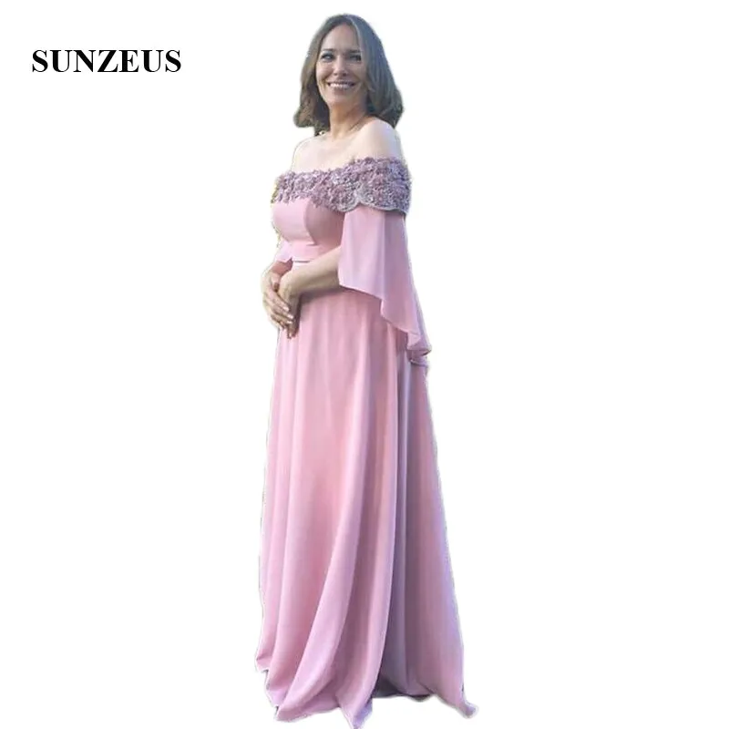 

Женское длинное платье с вырезом лодочкой, Розовое Шифоновое Платье-трапеция для матери невесты, украшенное бусинами и цветами ручной рабо...