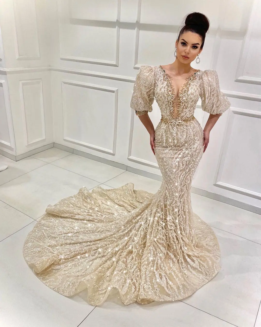 

Glitter Mermaid Evening Dresses Appliques Sequins Beads Half Puffy Sleeves Prom Gowns Illusion Wedding Party Robe De Soiree
