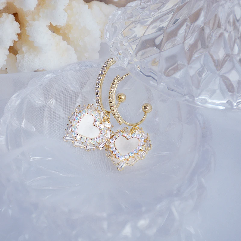 

Korean Hot 14k Real Gold Jewelry Heart Ear Ring for Women Top High Quality AAA Shiny Zirconia S925 Silver Needle Party Hot Gift