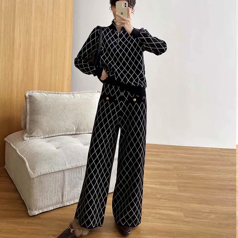 

2021 Women Two piece Sets Winter Plaid Printed Knitted Pant Suits Parkas Female Y2K Geometric Sweaters WIde Leg Pants P277