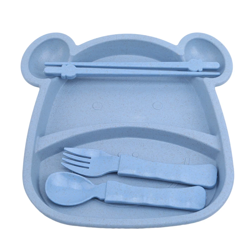 

New Cute Wheat Straw Student Portable Plate Set Fork Spoon Chopsticks Four-piece Cartoon Children Tableware