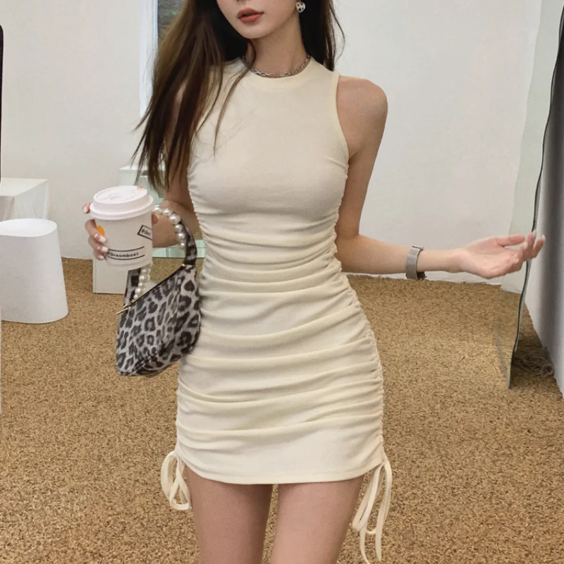 

High Street Apricot Round Collar Sleeveless Dress Slim Fit Drawstring Summer Dresses 2021 Fashion Casual Streetwear Bodyon Dress