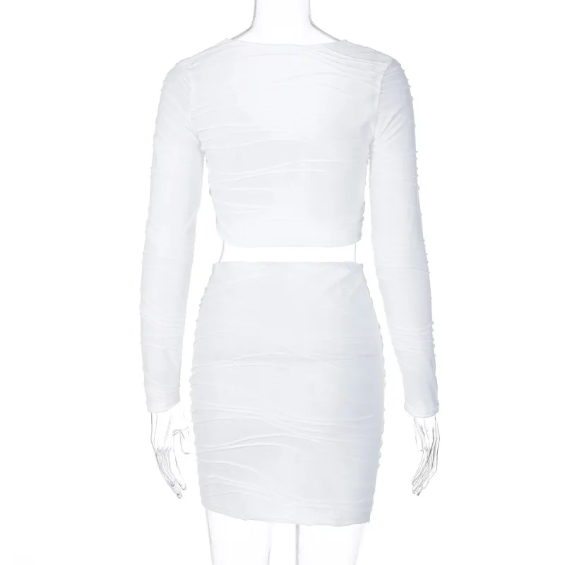 

hirigin 2020 Sexy Women Mesh See Through Solid 2 Pieces Set Open Stitch Lace-up Long Sleeve T-shirt Crop Top High Waist Skirt